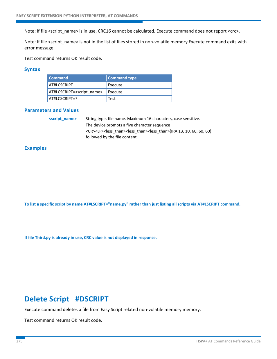 Syntax, Parameters and values, Examples | Delete script #dscript | Synaccess Networks NP-0801DTM User Manual | Page 275 / 330