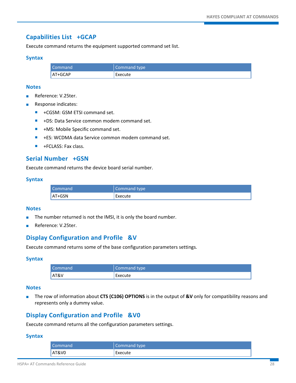 Capabilities list +gcap, Syntax, Notes | Serial number +gsn, Display configuration and profile &v, Display configuration and profile &v0 | Synaccess Networks NP-0801DTM User Manual | Page 28 / 330