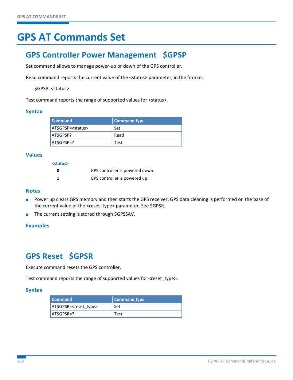 Gps at commands set, Gps controller power management $gpsp, Syntax | Values, Notes, Examples, Gps reset $gpsr | Synaccess Networks NP-0801DTM User Manual | Page 289 / 330