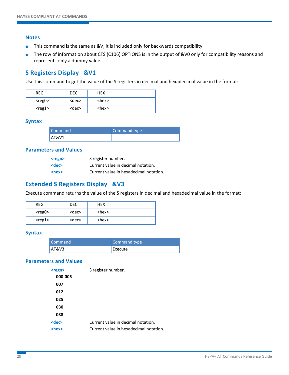 Notes, S registers display &v1, Syntax | Parameters and values, Extended s registers display &v3 | Synaccess Networks NP-0801DTM User Manual | Page 29 / 330