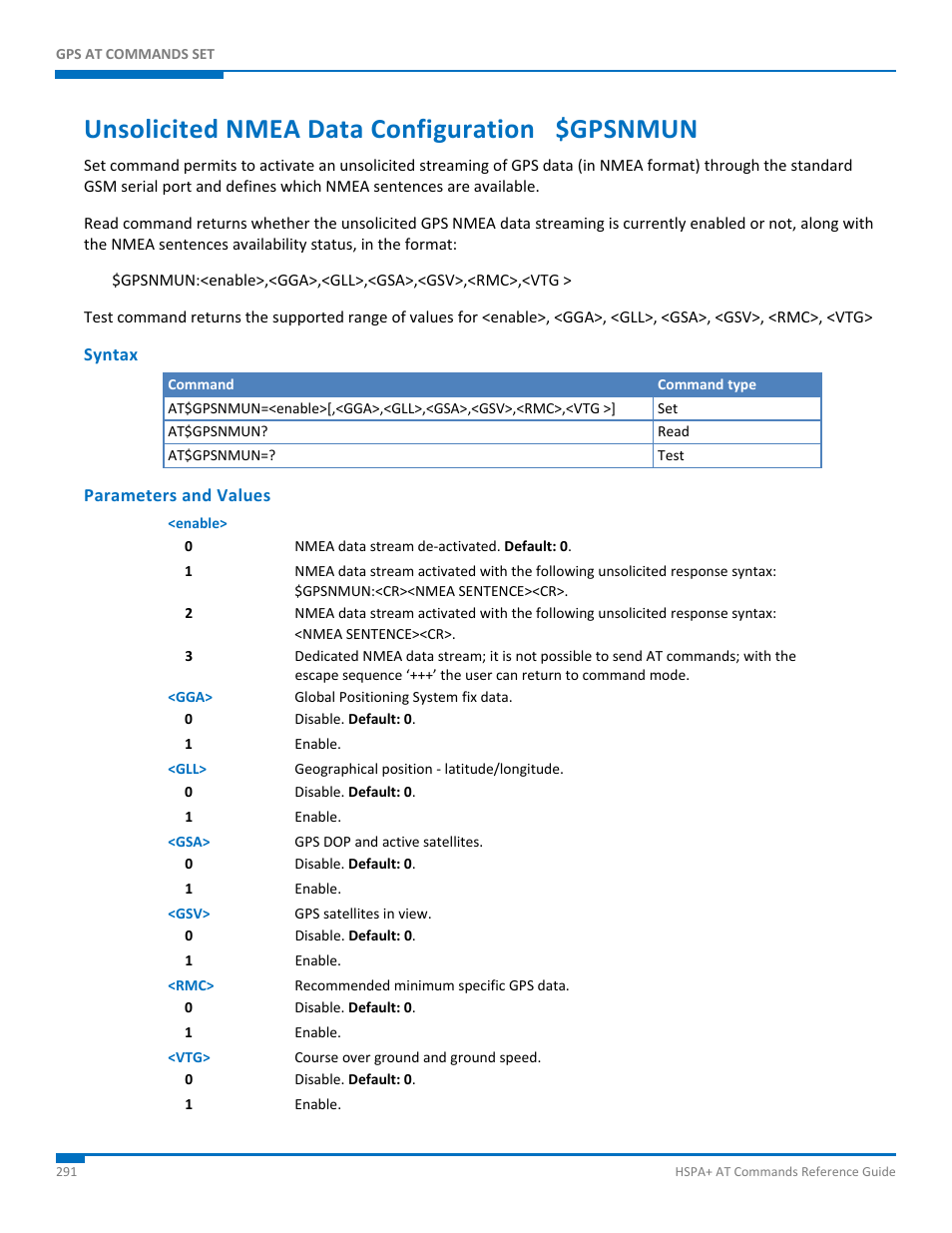 Unsolicited nmea data configuration $gpsnmun, Syntax, Parameters and values | Synaccess Networks NP-0801DTM User Manual | Page 291 / 330