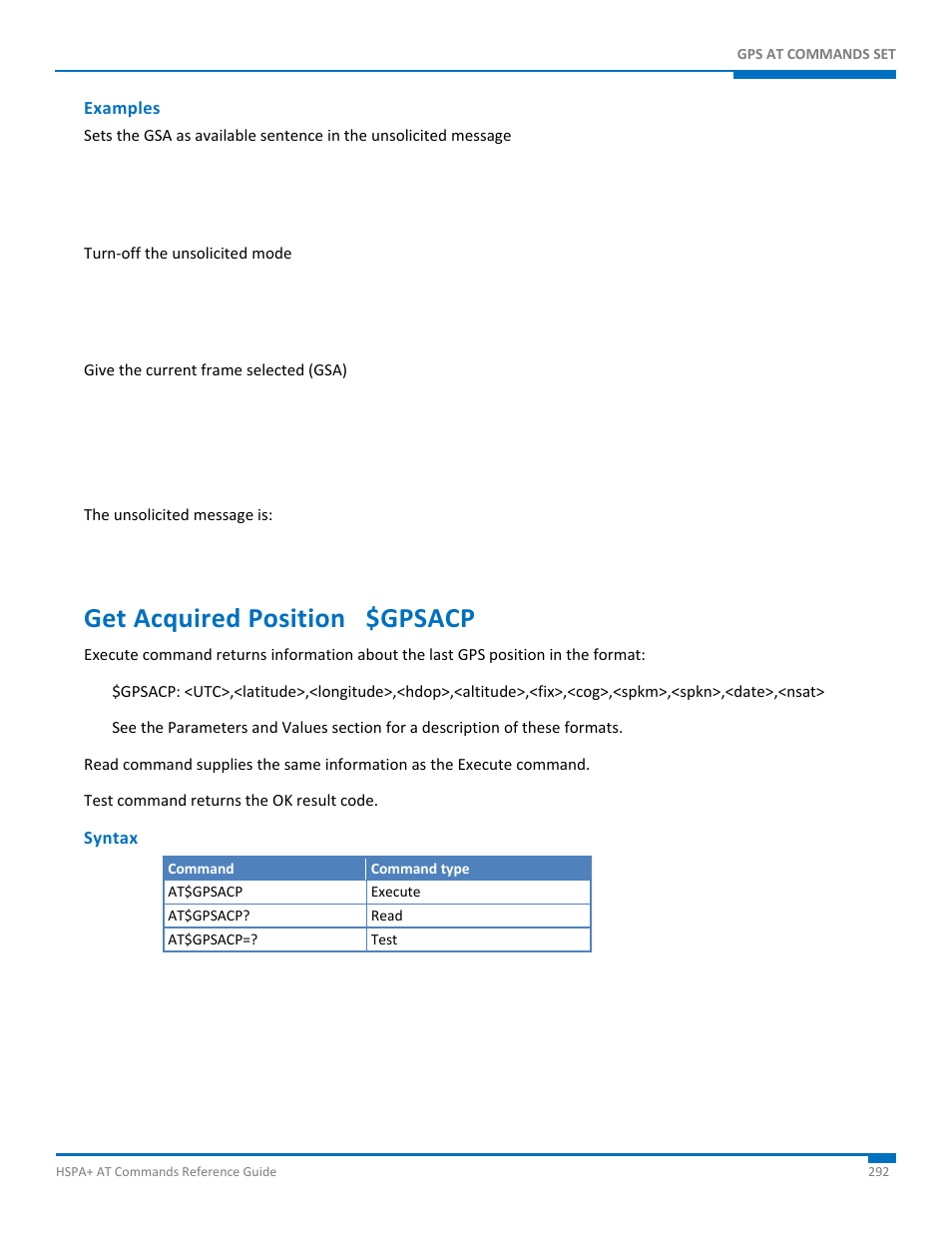Examples, Get acquired position $gpsacp, Syntax | Synaccess Networks NP-0801DTM User Manual | Page 292 / 330