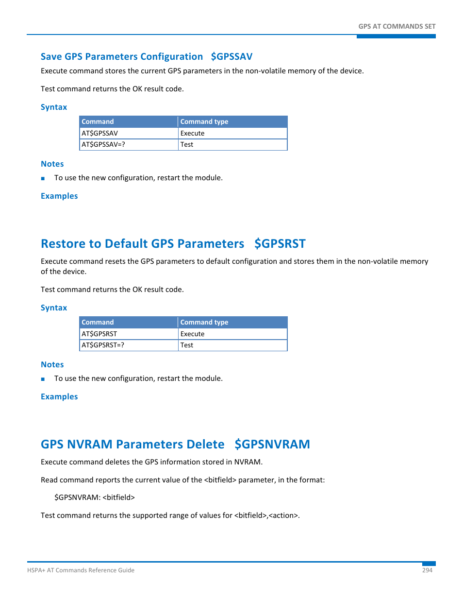 Save gps parameters configuration $gpssav, Syntax, Notes | Examples, Restore to default gps parameters $gpsrst, Gps nvram parameters delete $gpsnvram | Synaccess Networks NP-0801DTM User Manual | Page 294 / 330