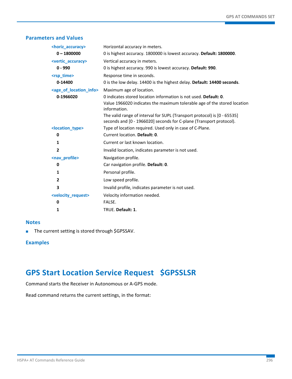 Parameters and values, Notes, Examples | Gps start location service request $gpsslsr | Synaccess Networks NP-0801DTM User Manual | Page 296 / 330