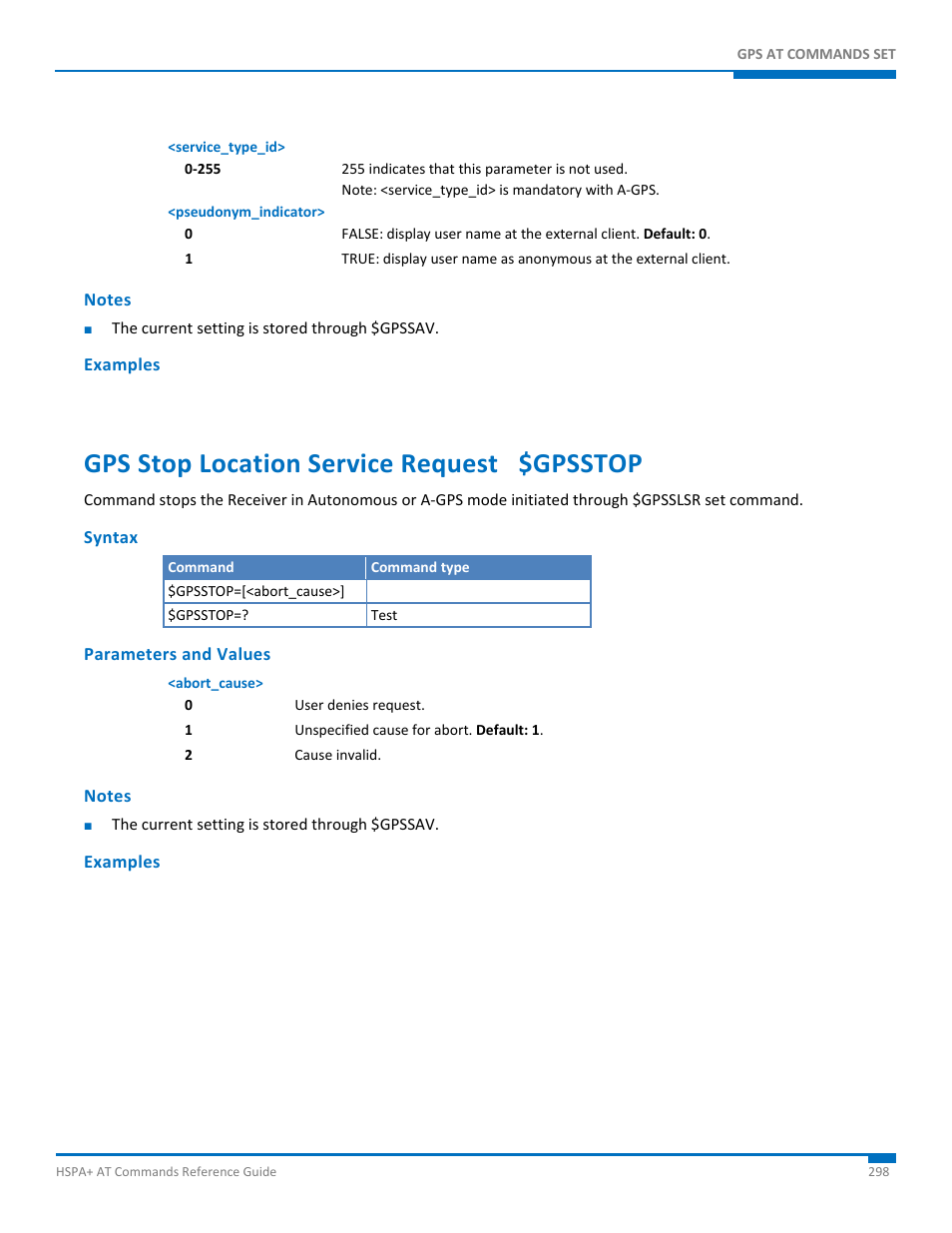Notes, Examples, Gps stop location service request $gpsstop | Syntax, Parameters and values | Synaccess Networks NP-0801DTM User Manual | Page 298 / 330