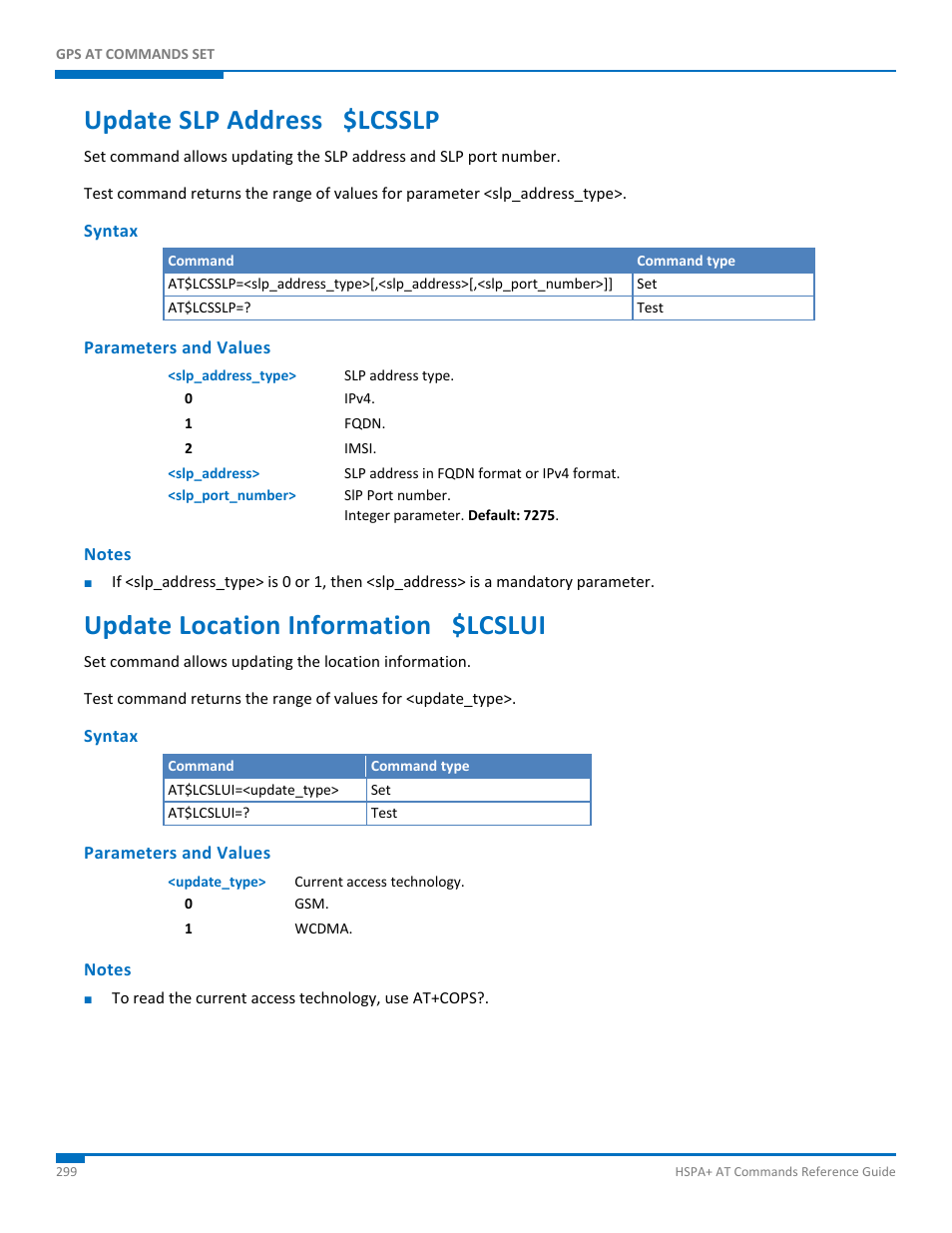 Update slp address $lcsslp, Syntax, Parameters and values | Notes, Update location information $lcslui | Synaccess Networks NP-0801DTM User Manual | Page 299 / 330
