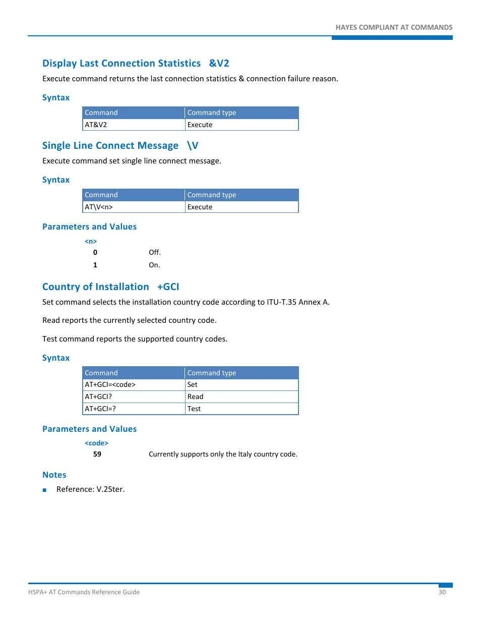 Display last connection statistics &v2, Syntax, Single line connect message \v | Parameters and values, Country of installation +gci, Notes | Synaccess Networks NP-0801DTM User Manual | Page 30 / 330