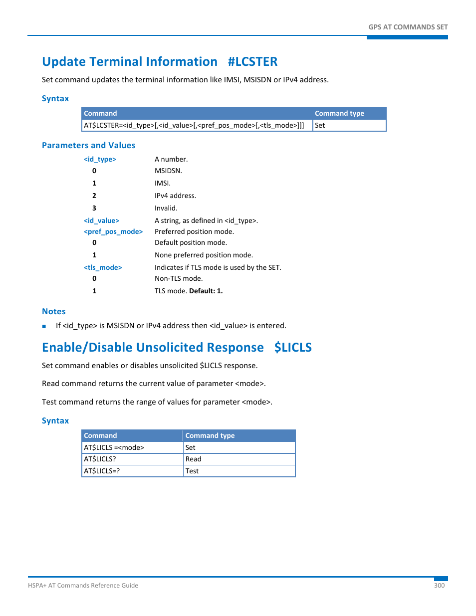 Update terminal information #lcster, Syntax, Parameters and values | Notes, Enable/disable unsolicited response $licls | Synaccess Networks NP-0801DTM User Manual | Page 300 / 330
