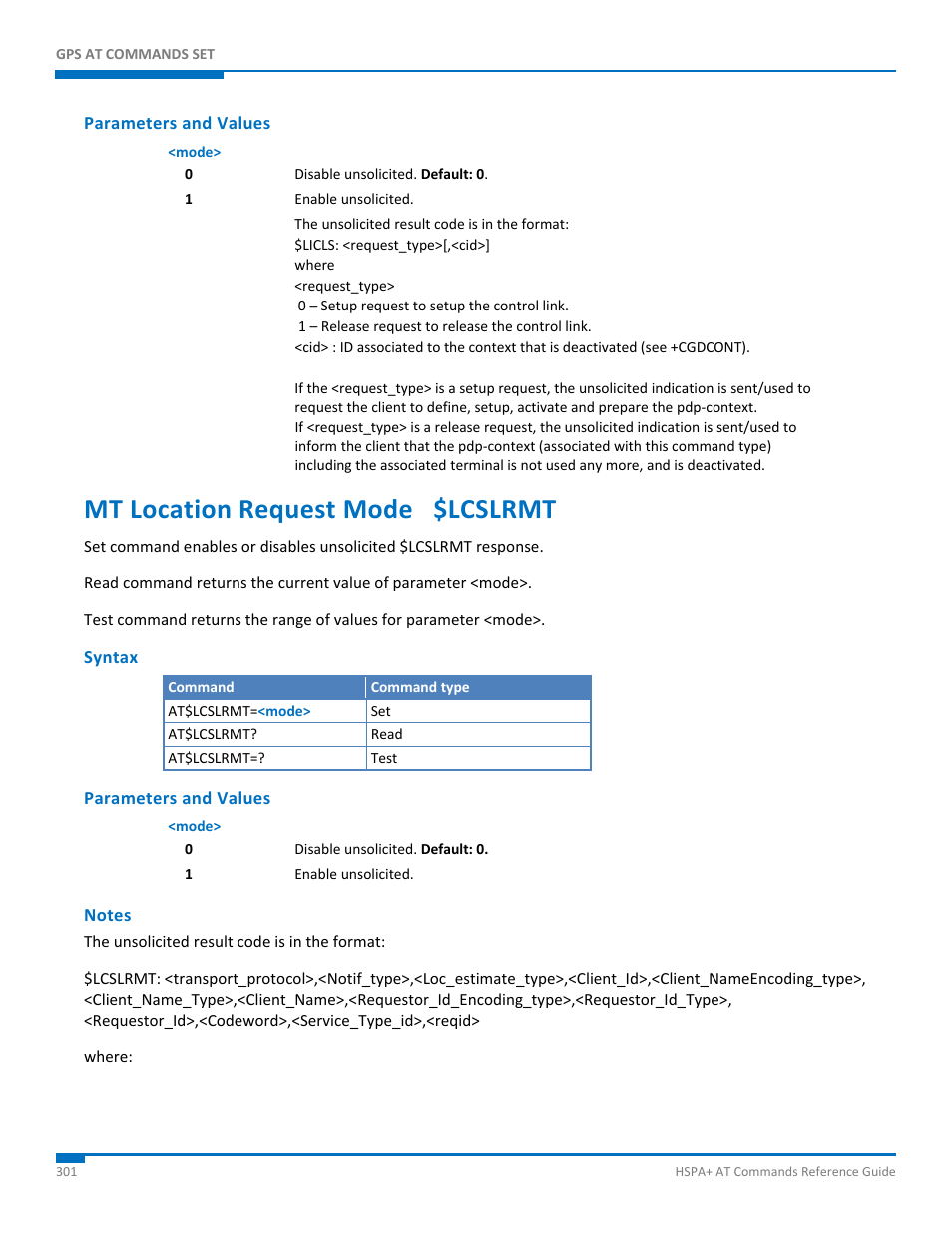 Parameters and values, Mt location request mode $lcslrmt, Syntax | Notes | Synaccess Networks NP-0801DTM User Manual | Page 301 / 330