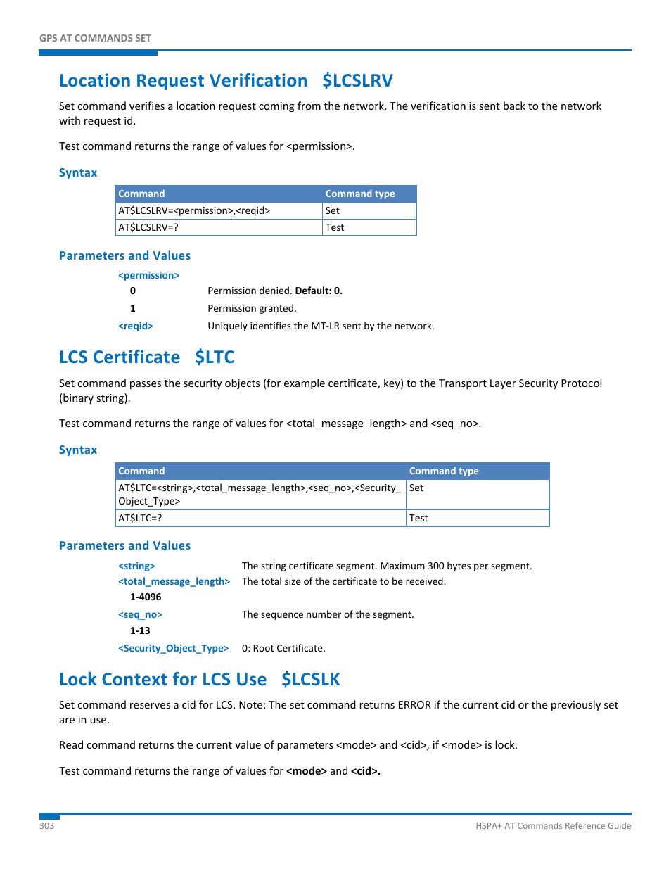 Location request verification $lcslrv, Syntax, Parameters and values | Lcs certificate $ltc, Lock context for lcs use $lcslk | Synaccess Networks NP-0801DTM User Manual | Page 303 / 330