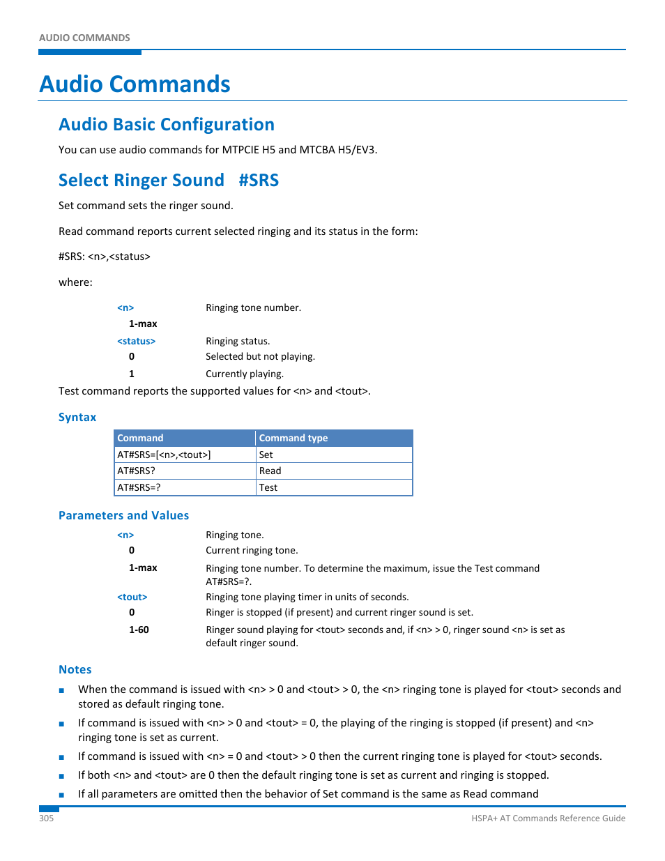 Audio commands, Audio basic configuration, Select ringer sound #srs | Syntax, Parameters and values, Notes | Synaccess Networks NP-0801DTM User Manual | Page 305 / 330