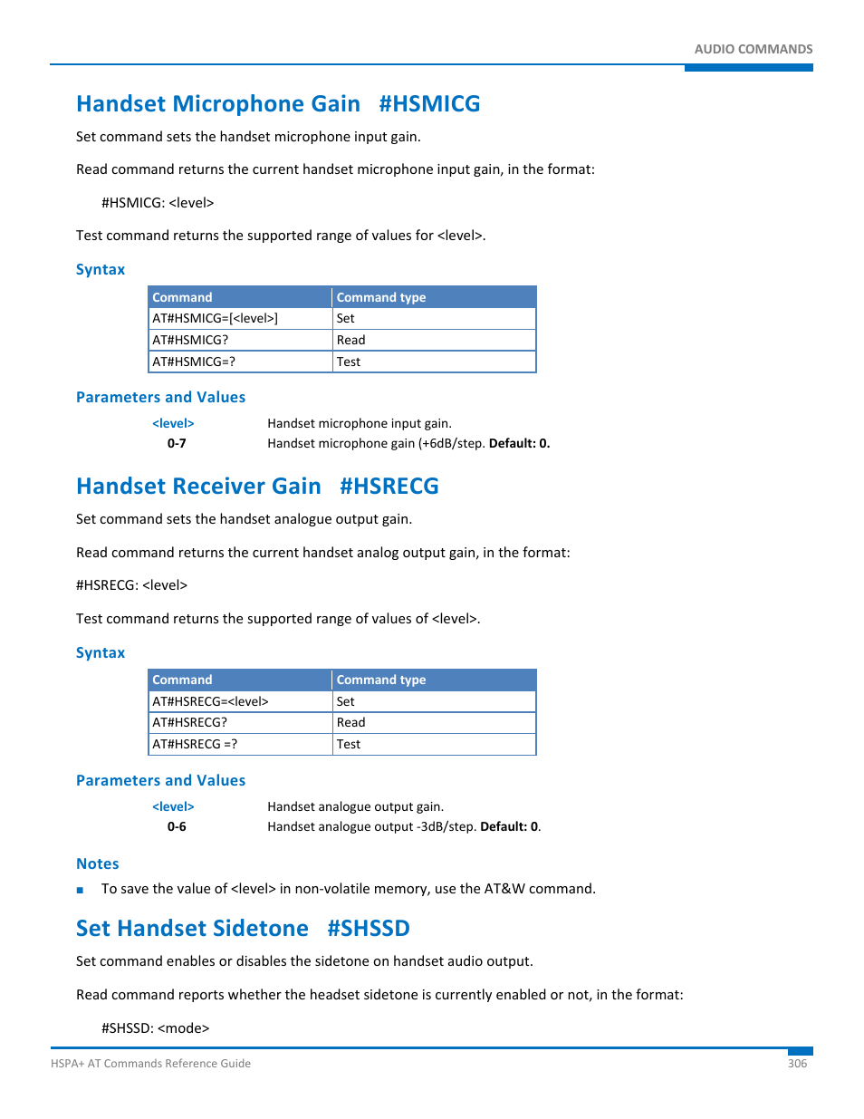 Handset microphone gain #hsmicg, Syntax, Parameters and values | Handset receiver gain #hsrecg, Notes, Set handset sidetone #shssd | Synaccess Networks NP-0801DTM User Manual | Page 306 / 330
