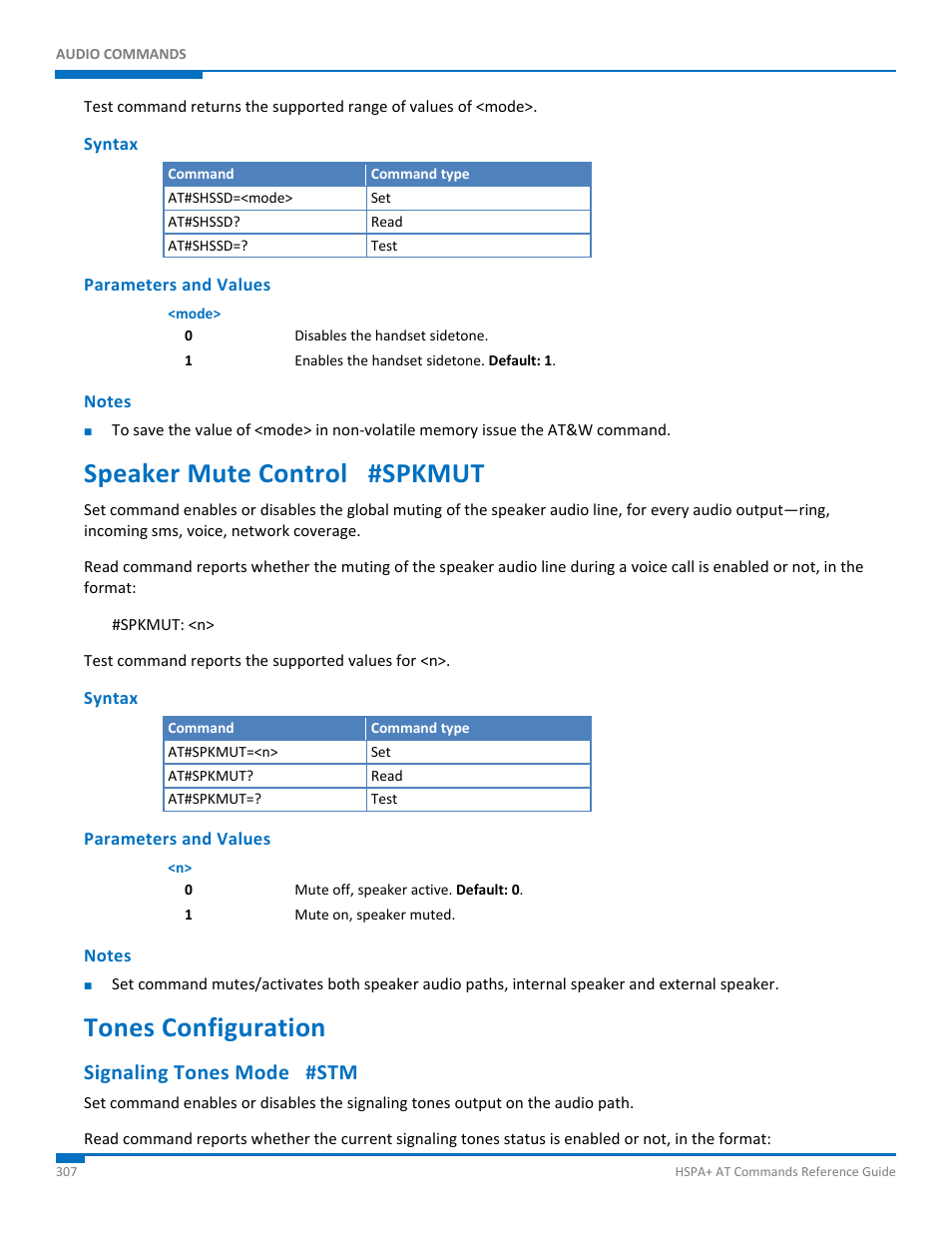 Syntax, Parameters and values, Notes | Speaker mute control #spkmut, Tones configuration, Signaling tones mode #stm | Synaccess Networks NP-0801DTM User Manual | Page 307 / 330