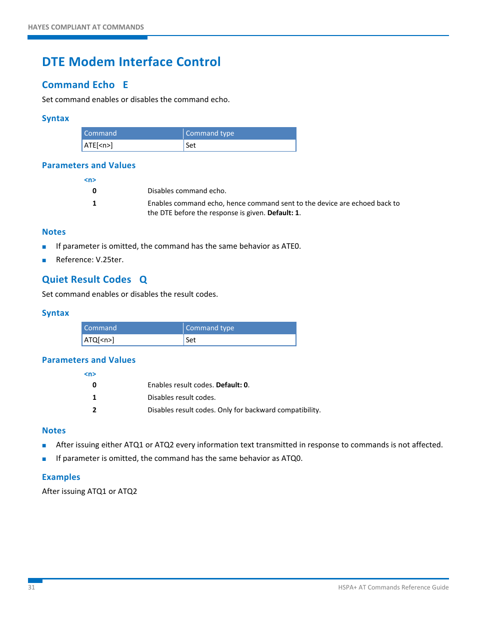 Dte modem interface control, Command echo e, Syntax | Parameters and values, Notes, Quiet result codes q, Examples | Synaccess Networks NP-0801DTM User Manual | Page 31 / 330