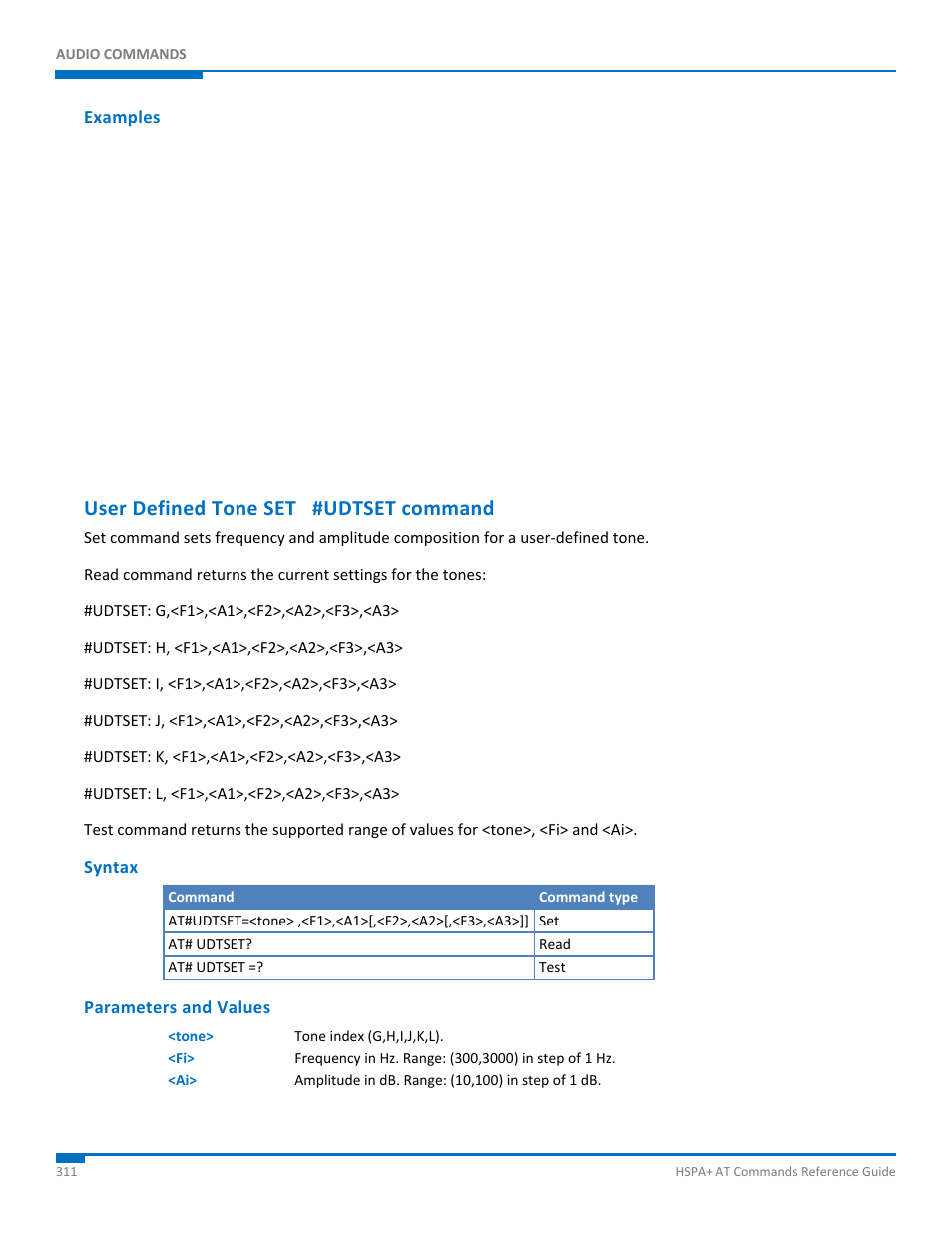 Examples, User defined tone set #udtset command, Syntax | Parameters and values | Synaccess Networks NP-0801DTM User Manual | Page 311 / 330
