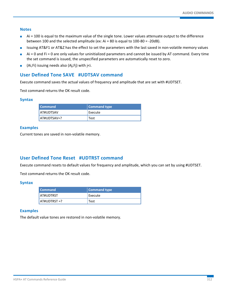 Notes, User defined tone save #udtsav command, Syntax | Examples, User defined tone reset #udtrst command | Synaccess Networks NP-0801DTM User Manual | Page 312 / 330