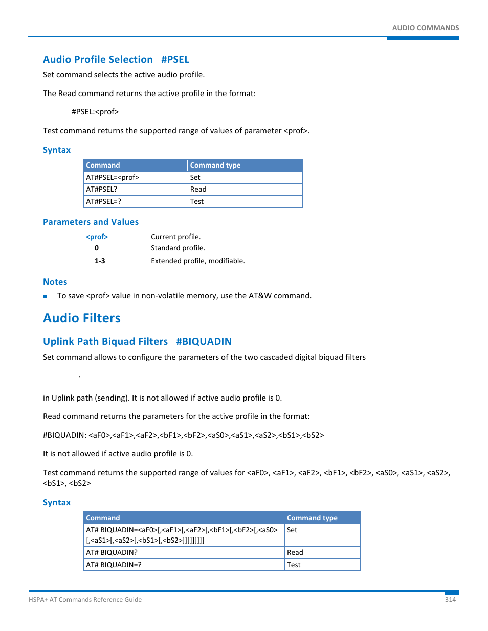 Audio profile selection #psel, Syntax, Parameters and values | Notes, Audio filters, Uplink path biquad filters #biquadin | Synaccess Networks NP-0801DTM User Manual | Page 314 / 330