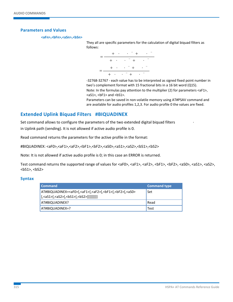 Parameters and values, Extended uplink biquad filters #biquadinex, Syntax | Synaccess Networks NP-0801DTM User Manual | Page 315 / 330