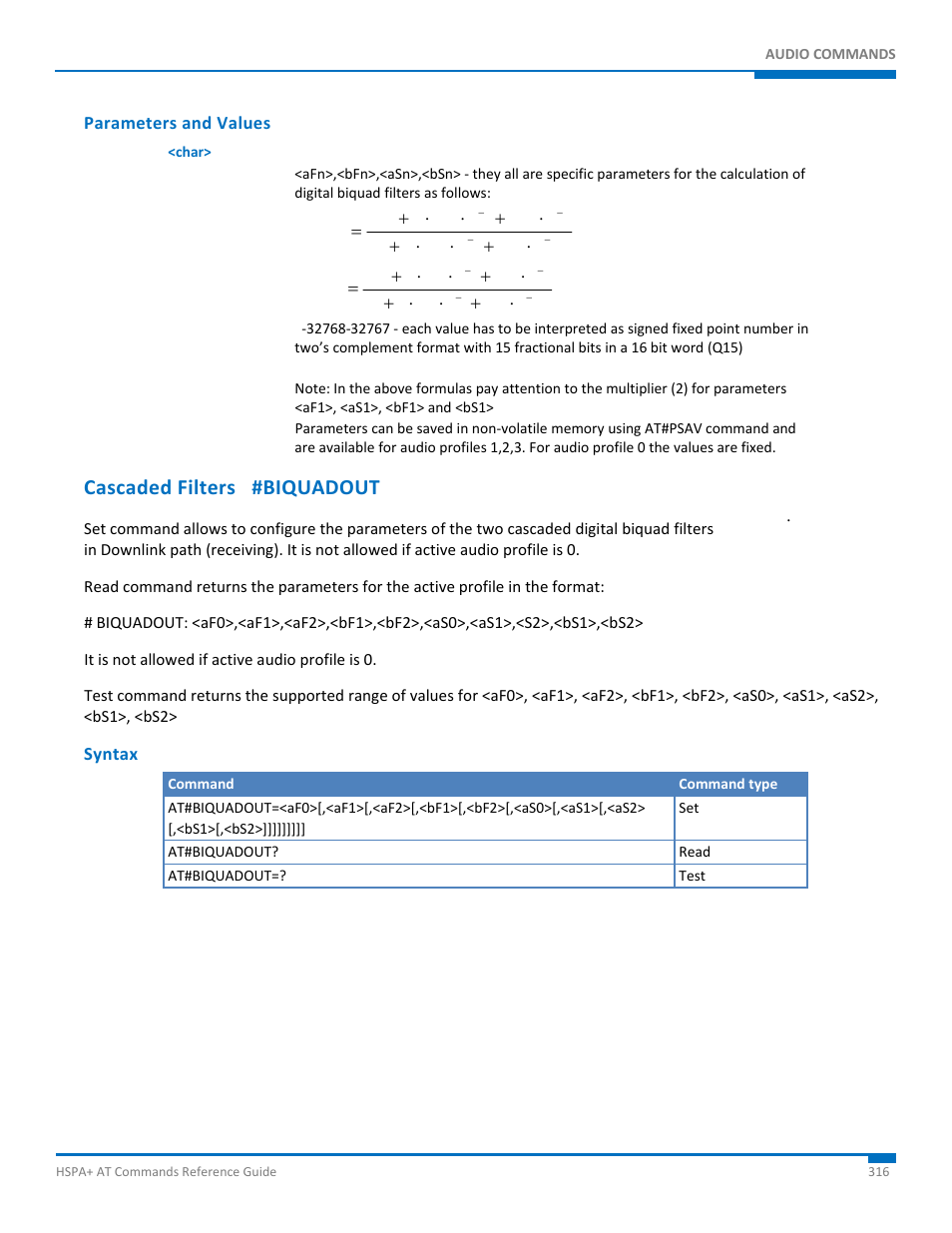 Parameters and values, Cascaded filters #biquadout, Syntax | Synaccess Networks NP-0801DTM User Manual | Page 316 / 330