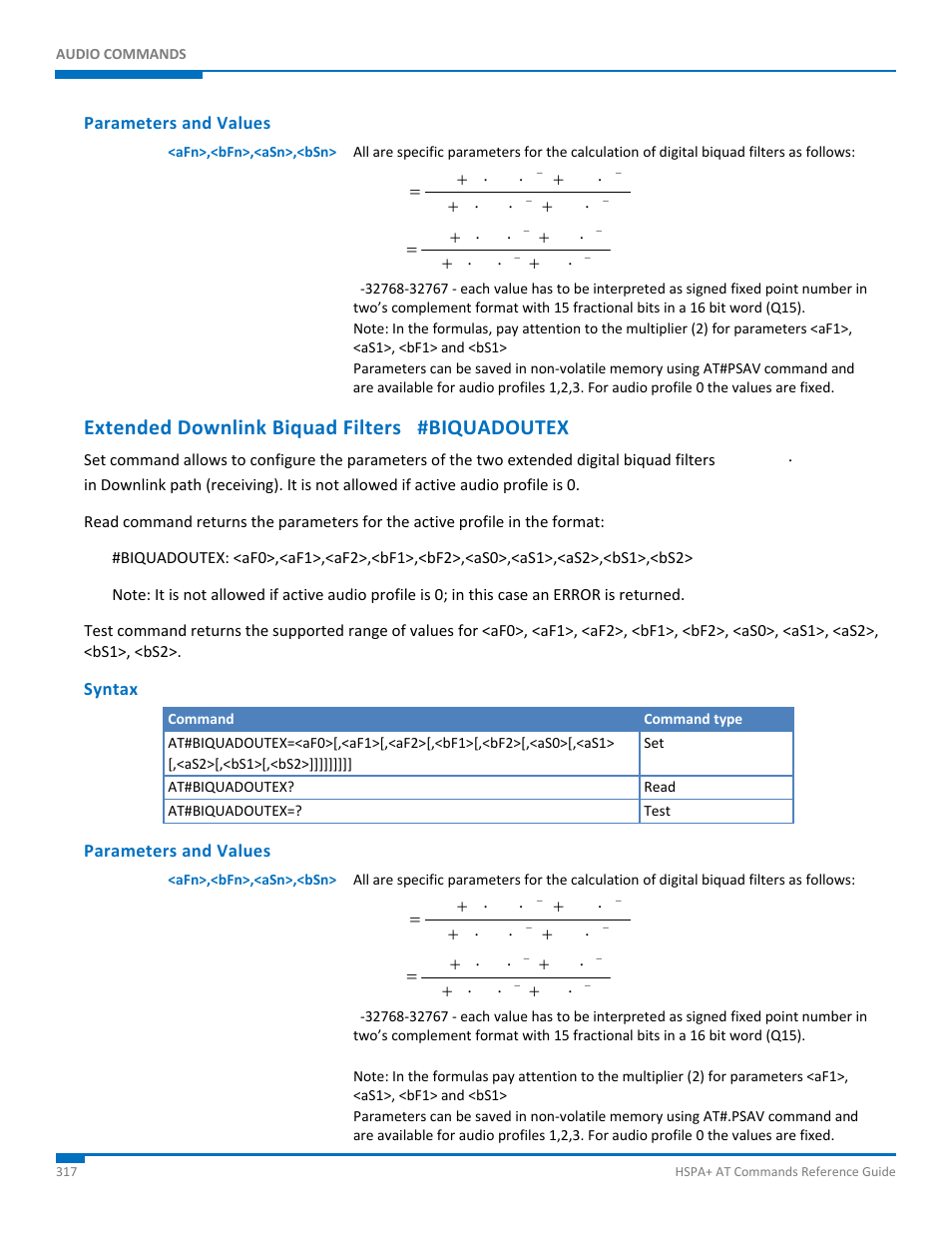 Parameters and values, Extended downlink biquad filters #biquadoutex, Syntax | Synaccess Networks NP-0801DTM User Manual | Page 317 / 330