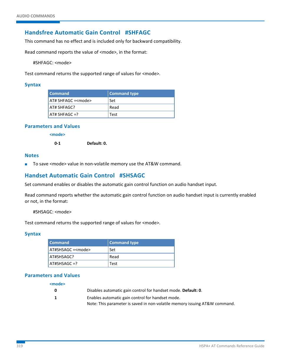 Handsfree automatic gain control #shfagc, Syntax, Parameters and values | Notes, Handset automatic gain control #shsagc | Synaccess Networks NP-0801DTM User Manual | Page 319 / 330