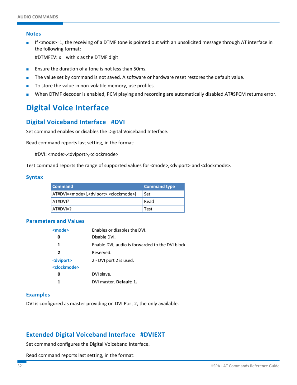 Notes, Digital voice interface, Digital voiceband interface #dvi | Syntax, Parameters and values, Examples, Extended digital voiceband interface #dviext | Synaccess Networks NP-0801DTM User Manual | Page 321 / 330