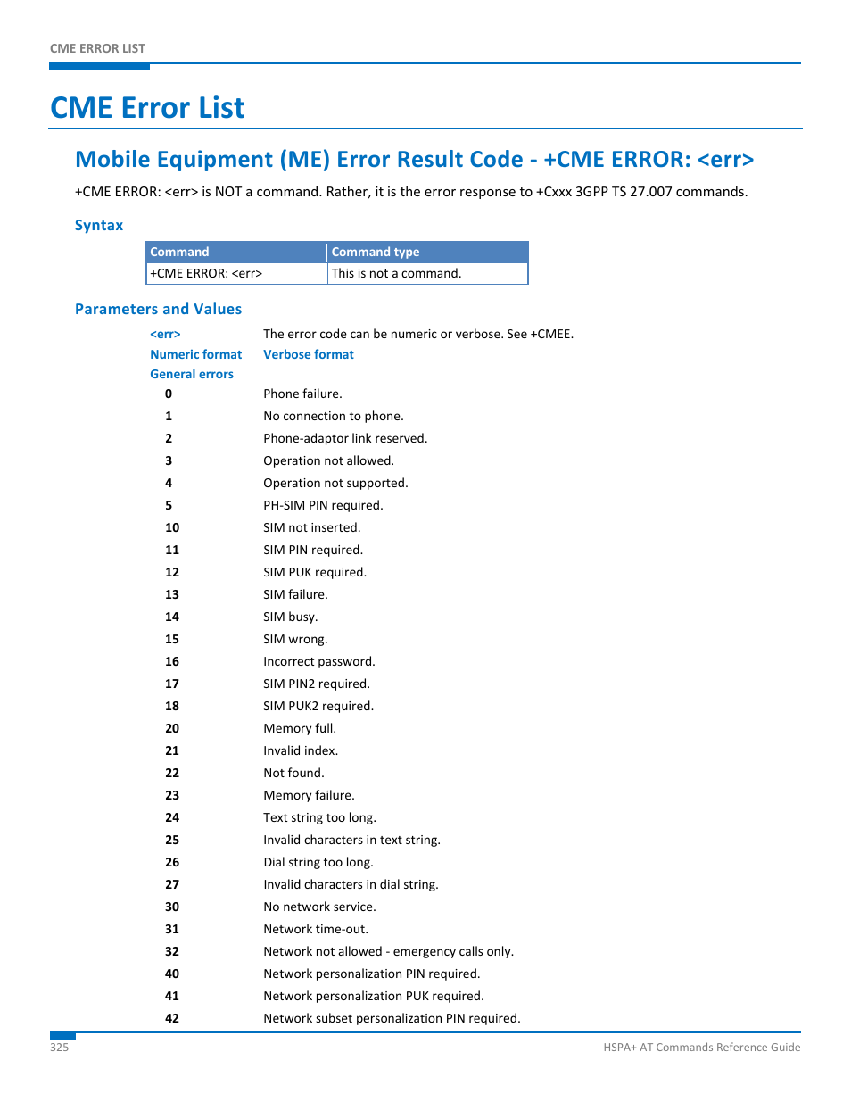 Cme error list, Syntax, Parameters and values | Synaccess Networks NP-0801DTM User Manual | Page 325 / 330