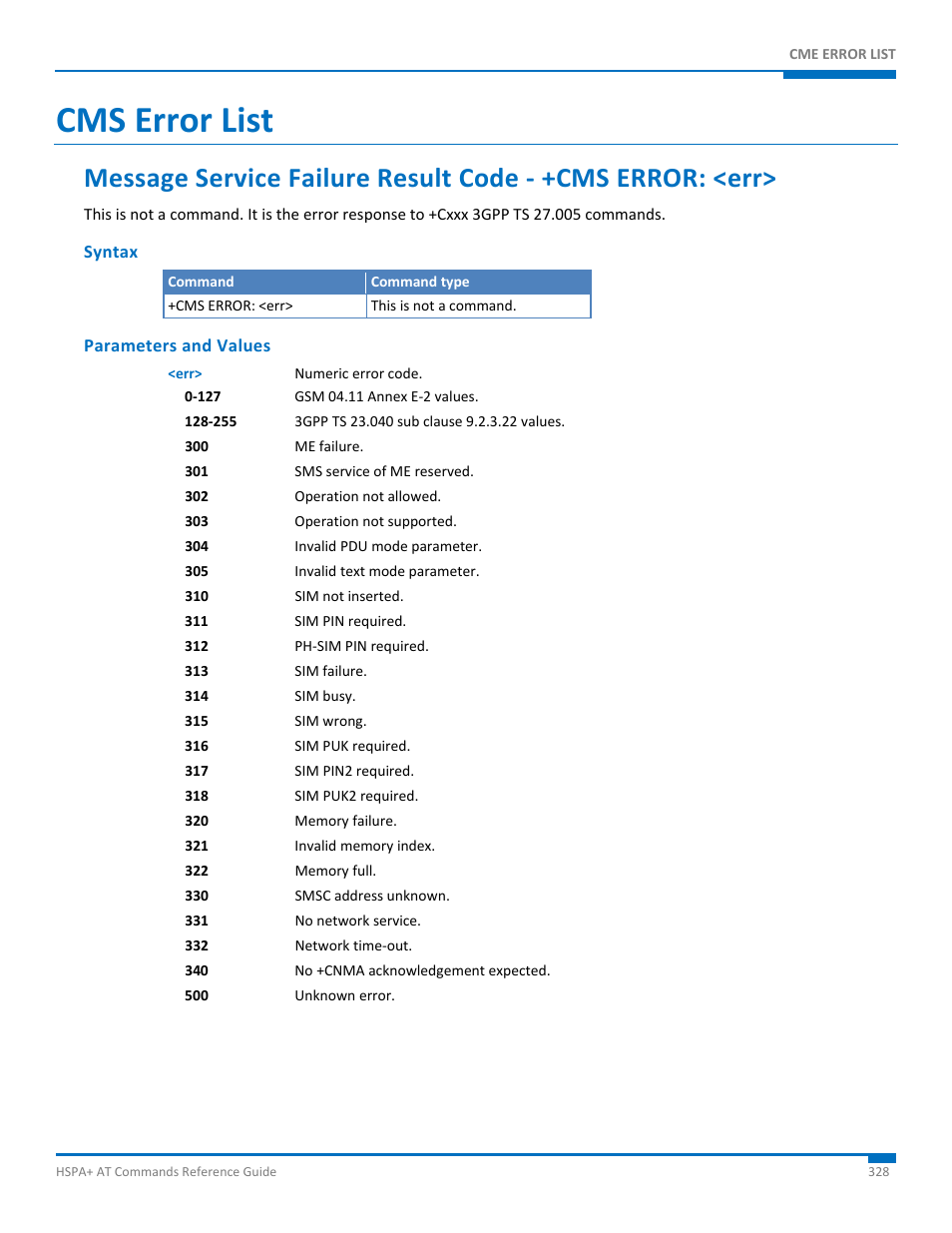 Cms error list, Syntax, Parameters and values | Synaccess Networks NP-0801DTM User Manual | Page 328 / 330