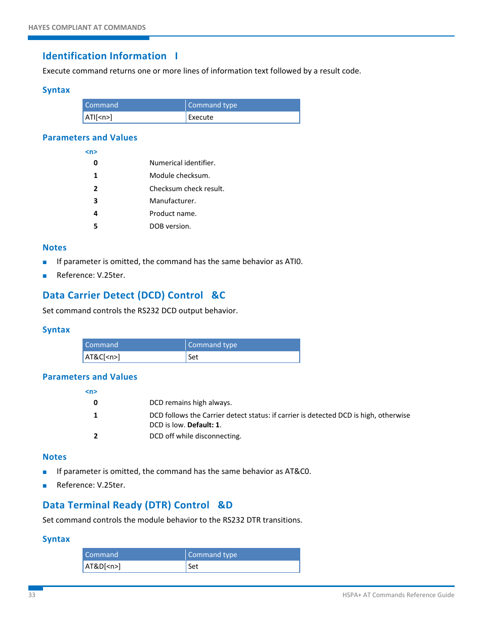 Identification information i, Syntax, Parameters and values | Notes, Data carrier detect (dcd) control &c, Data terminal ready (dtr) control &d | Synaccess Networks NP-0801DTM User Manual | Page 33 / 330