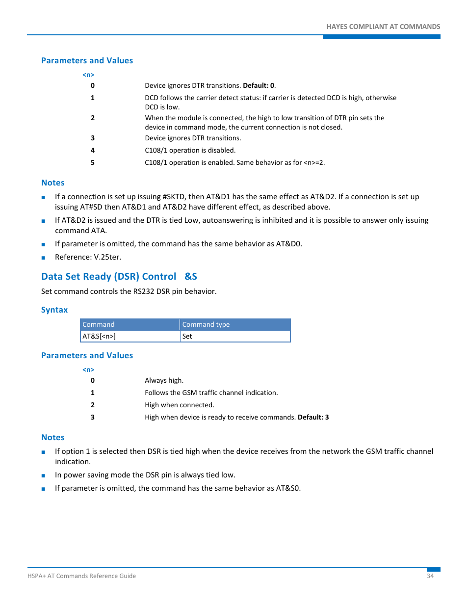 Parameters and values, Notes, Data set ready (dsr) control &s | Syntax | Synaccess Networks NP-0801DTM User Manual | Page 34 / 330