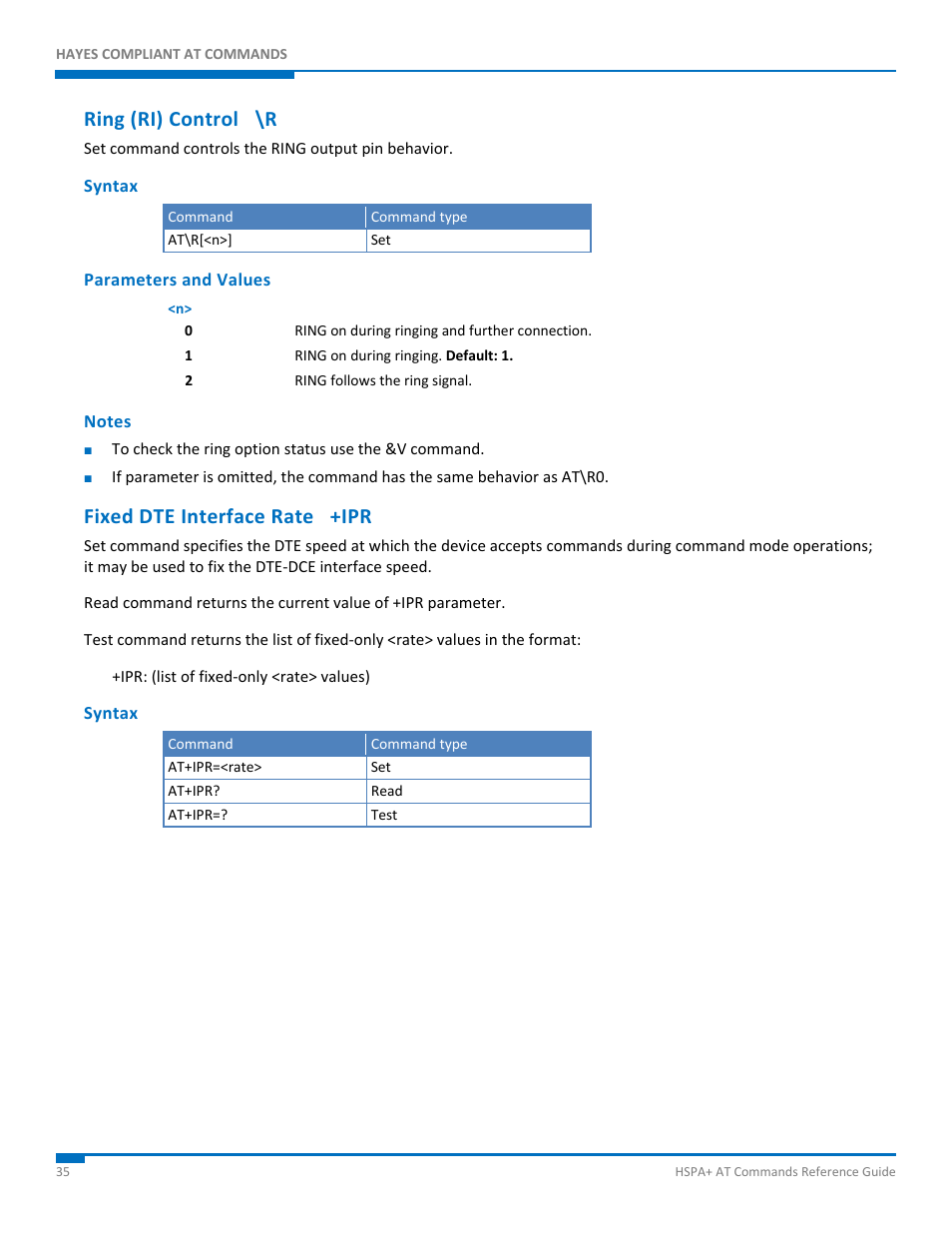 Ring (ri) control \r, Syntax, Parameters and values | Notes, Fixed dte interface rate +ipr | Synaccess Networks NP-0801DTM User Manual | Page 35 / 330