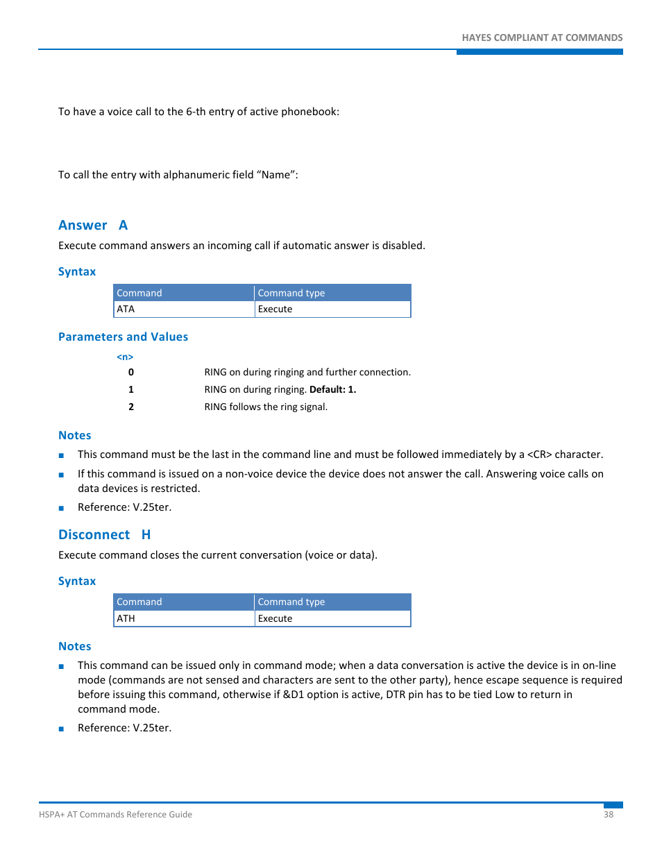 Answer a, Syntax, Parameters and values | Notes, Disconnect h | Synaccess Networks NP-0801DTM User Manual | Page 38 / 330