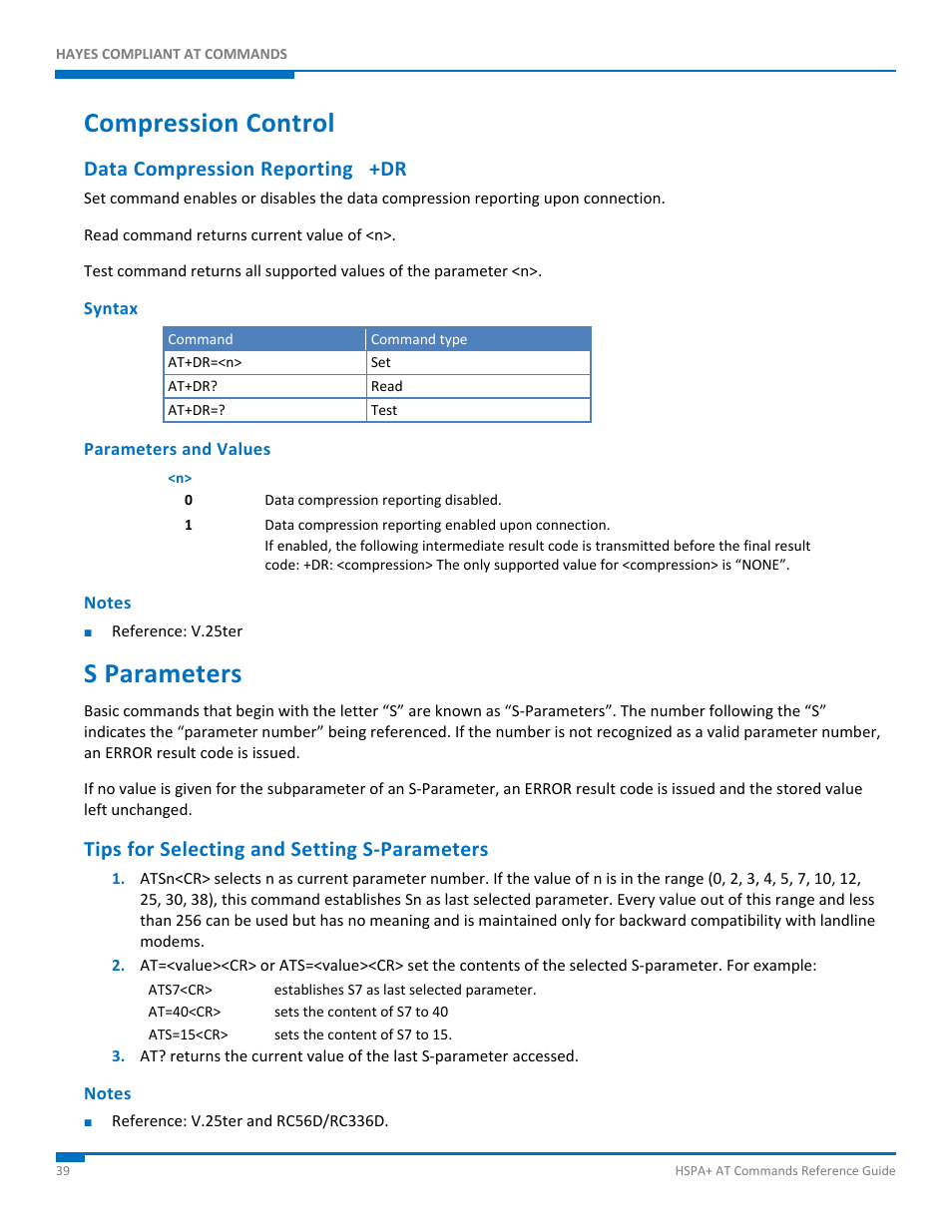 Compression control, Data compression reporting +dr, Syntax | Parameters and values, Notes, S parameters, Tips for selecting and setting s-parameters, Tips for selecting and setting s‐parameters | Synaccess Networks NP-0801DTM User Manual | Page 39 / 330