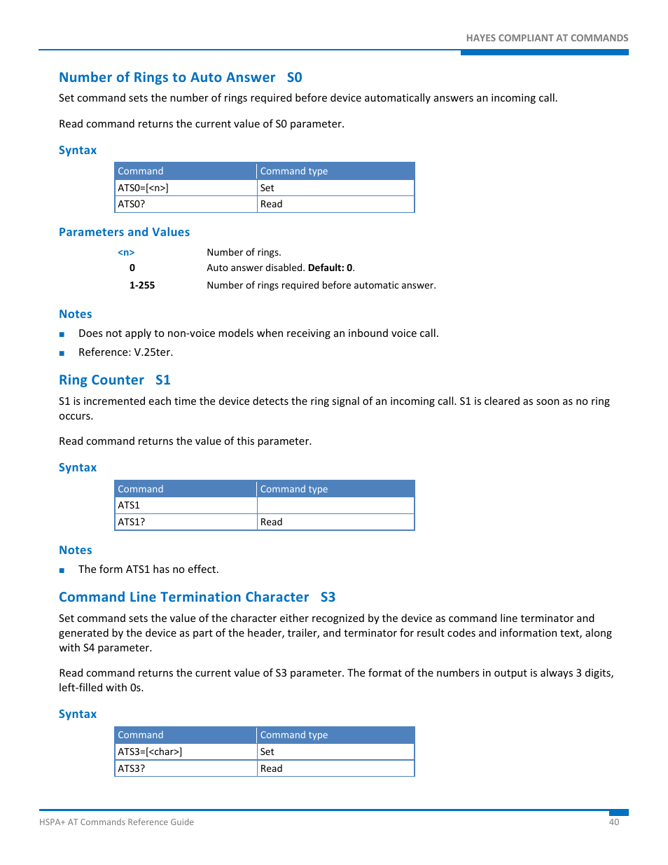 Number of rings to auto answer s0, Syntax, Parameters and values | Notes, Ring counter s1, Command line termination character s3 | Synaccess Networks NP-0801DTM User Manual | Page 40 / 330