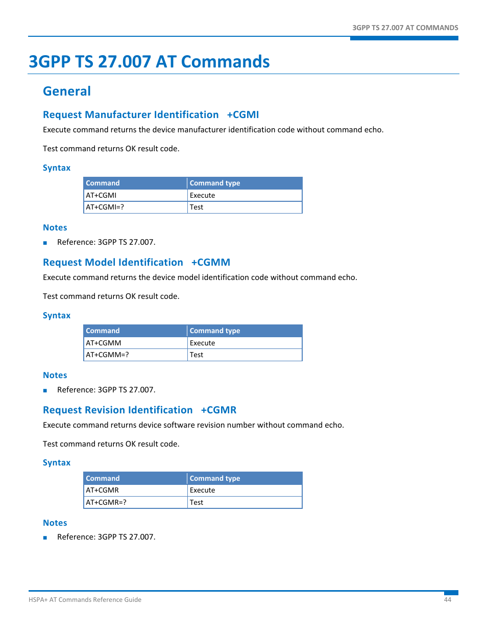 3gpp ts 27.007 at commands, General, Request manufacturer identification +cgmi | Syntax, Notes, Request model identification +cgmm, Request revision identification +cgmr | Synaccess Networks NP-0801DTM User Manual | Page 44 / 330