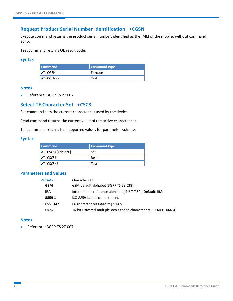 Request product serial number identification +cgsn, Syntax, Notes | Select te character set +cscs, Parameters and values | Synaccess Networks NP-0801DTM User Manual | Page 45 / 330