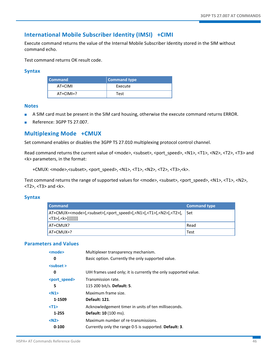 Syntax, Notes, Multiplexing mode +cmux | Parameters and values | Synaccess Networks NP-0801DTM User Manual | Page 46 / 330