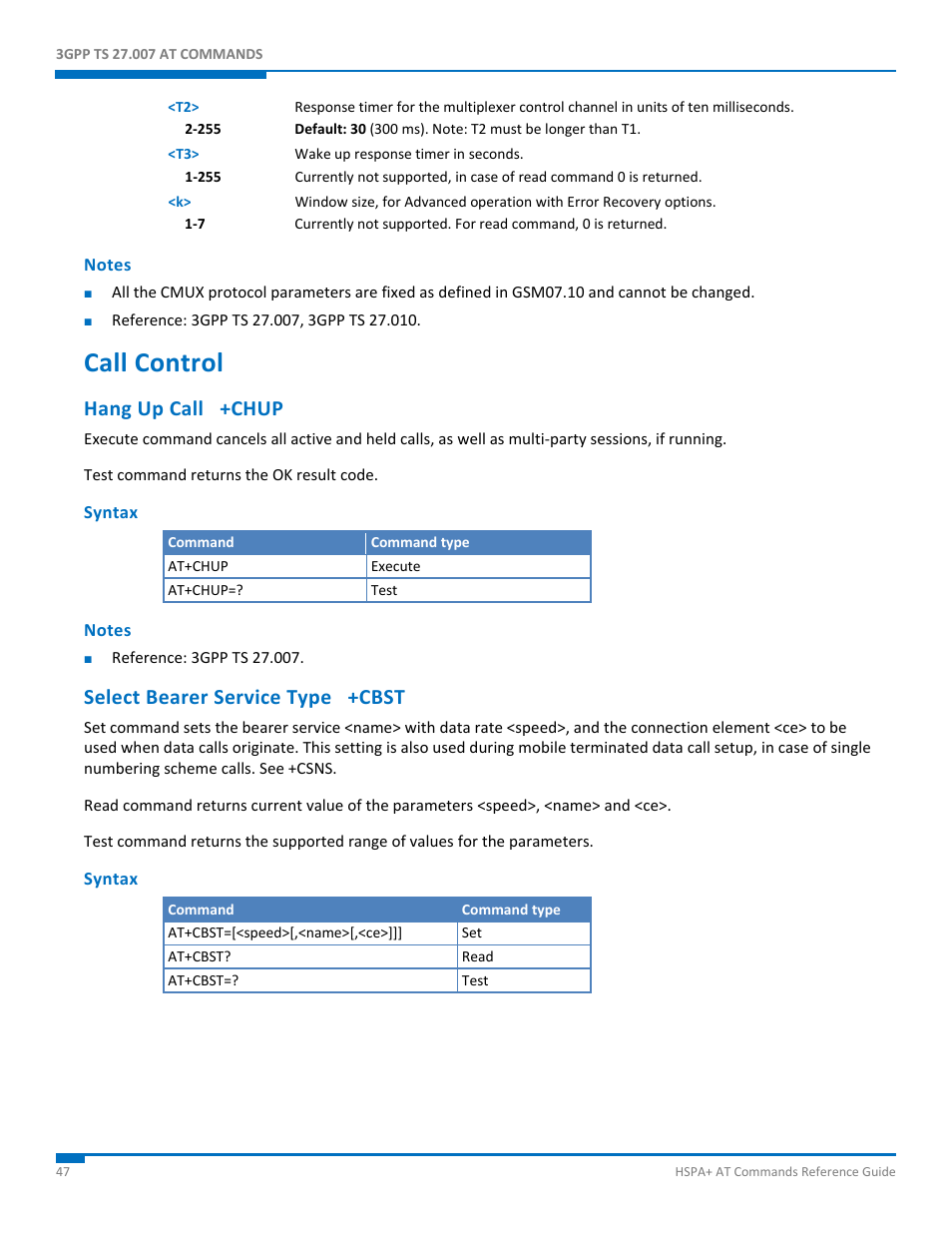 Notes, Call control, Hang up call +chup | Syntax, Select bearer service type +cbst | Synaccess Networks NP-0801DTM User Manual | Page 47 / 330