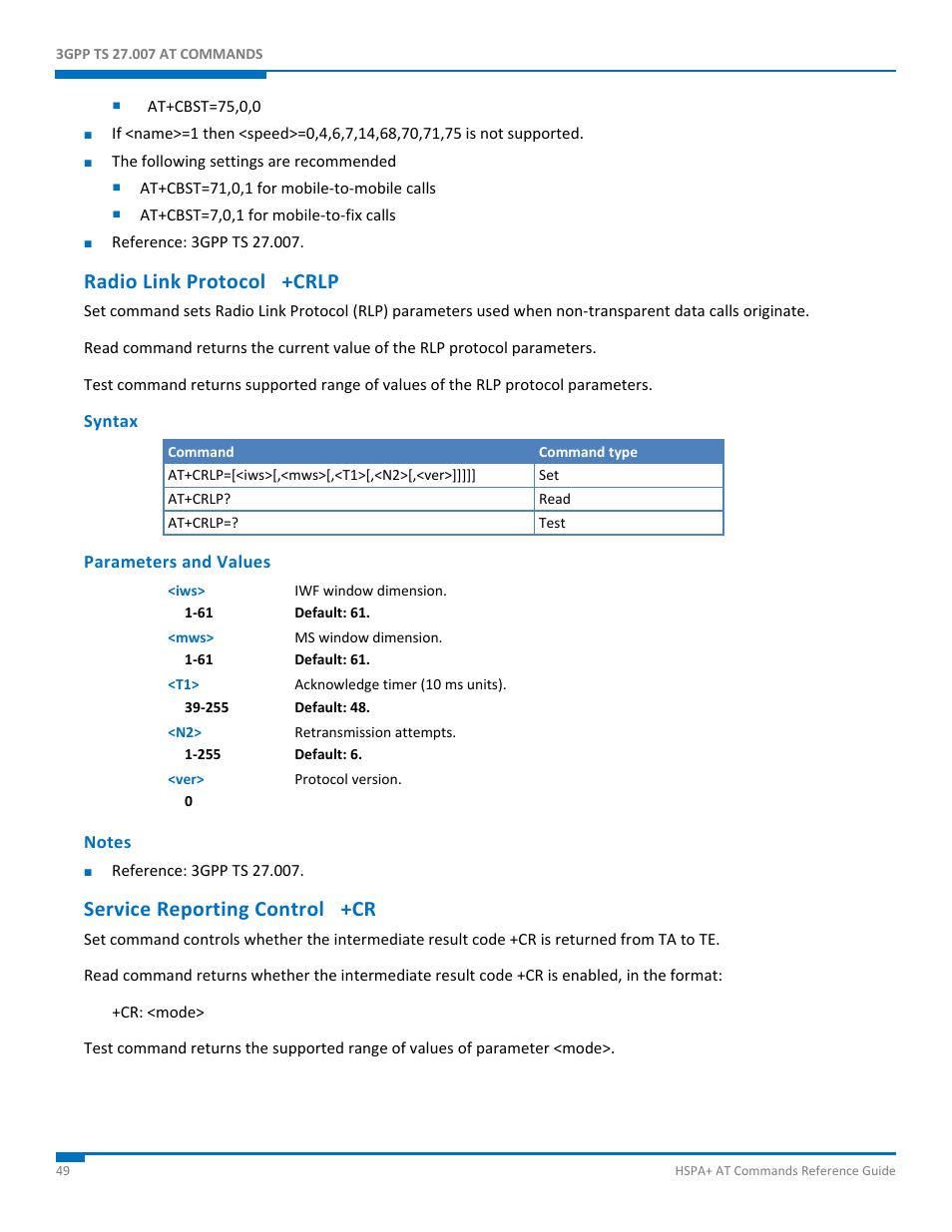 Radio link protocol +crlp, Syntax, Parameters and values | Notes, Service reporting control +cr | Synaccess Networks NP-0801DTM User Manual | Page 49 / 330