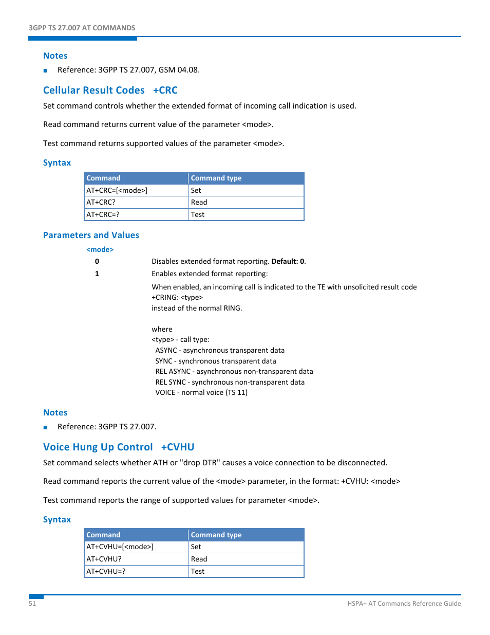 Notes, Cellular result codes +crc, Syntax | Parameters and values, Voice hung up control +cvhu | Synaccess Networks NP-0801DTM User Manual | Page 51 / 330