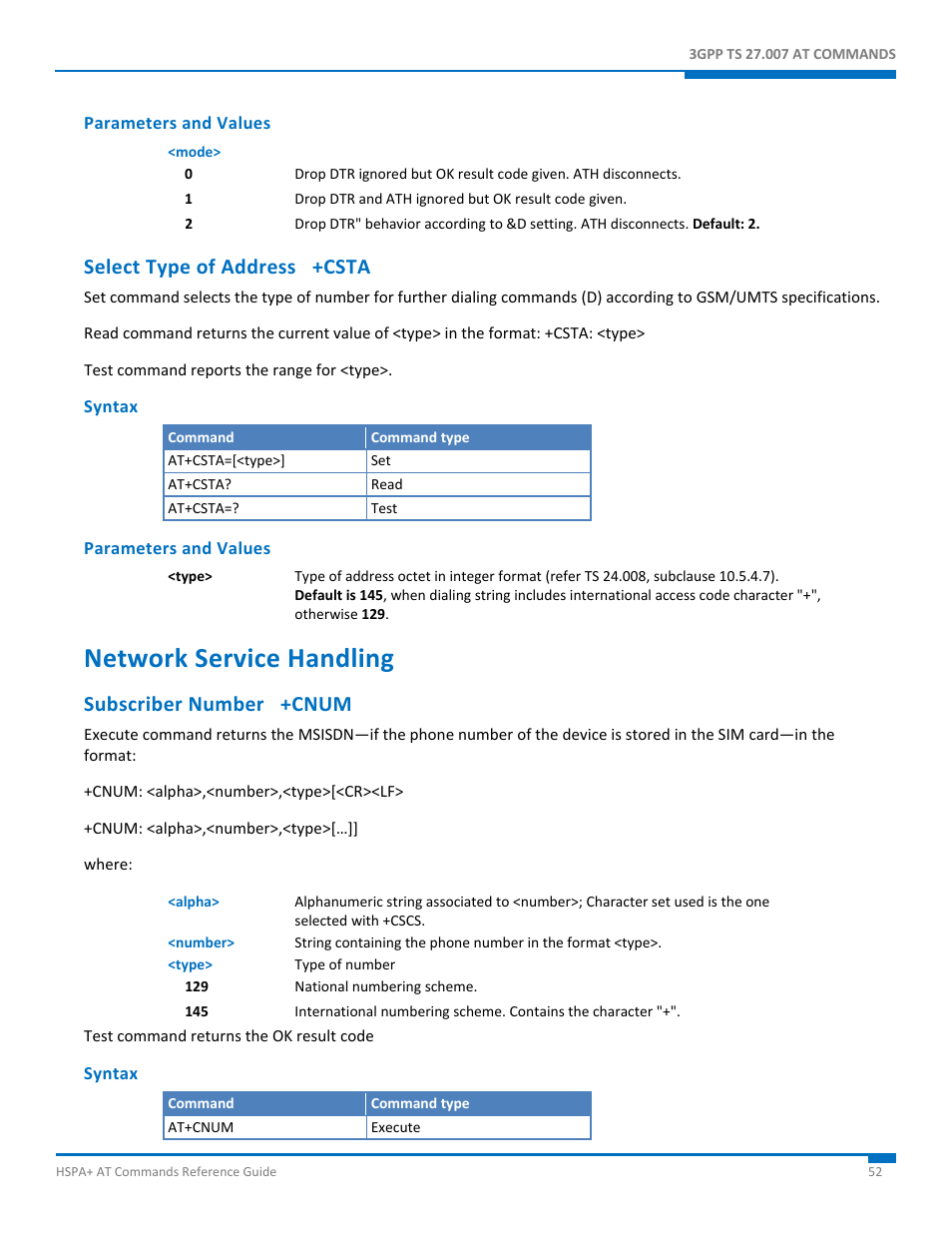 Parameters and values, Select type of address +csta, Syntax | Network service handling, Subscriber number +cnum | Synaccess Networks NP-0801DTM User Manual | Page 52 / 330