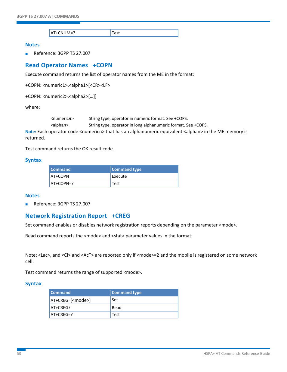 Notes, Read operator names +copn, Syntax | Network registration report +creg | Synaccess Networks NP-0801DTM User Manual | Page 53 / 330