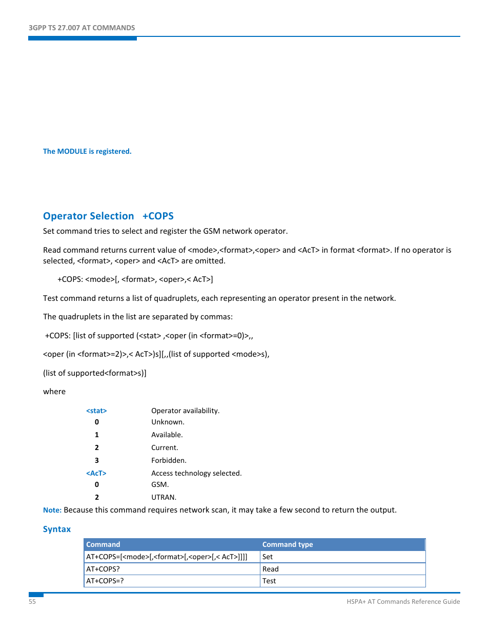 Operator selection +cops, Syntax | Synaccess Networks NP-0801DTM User Manual | Page 55 / 330