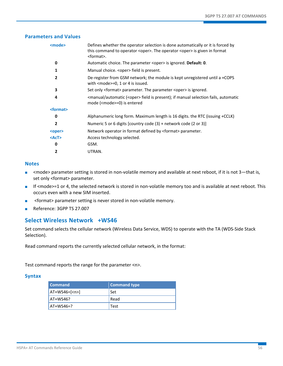 Parameters and values, Notes, Select wireless network +ws46 | Syntax | Synaccess Networks NP-0801DTM User Manual | Page 56 / 330