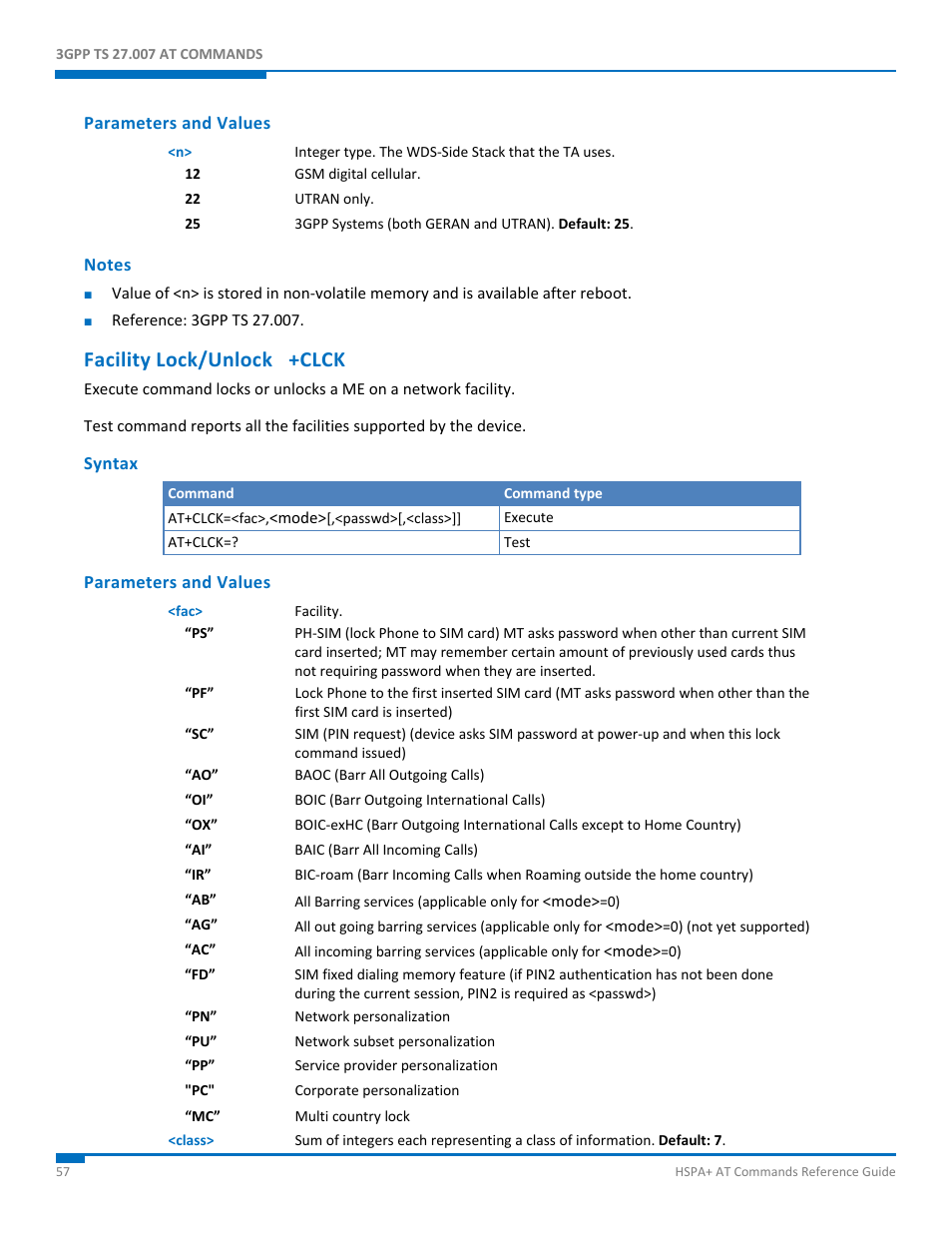 Parameters and values, Notes, Facility lock/unlock +clck | Syntax | Synaccess Networks NP-0801DTM User Manual | Page 57 / 330