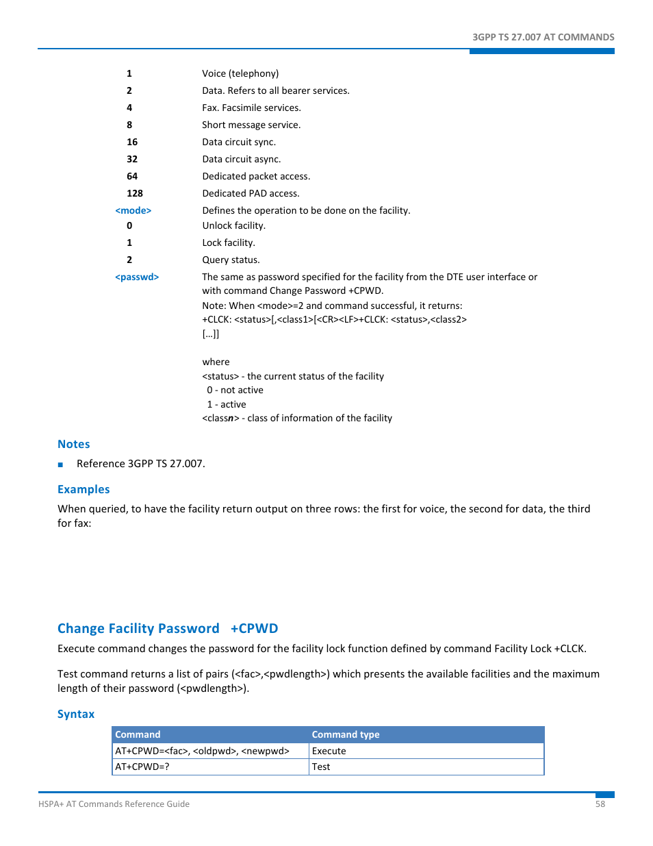 Notes, Examples, Change facility password +cpwd | Syntax | Synaccess Networks NP-0801DTM User Manual | Page 58 / 330