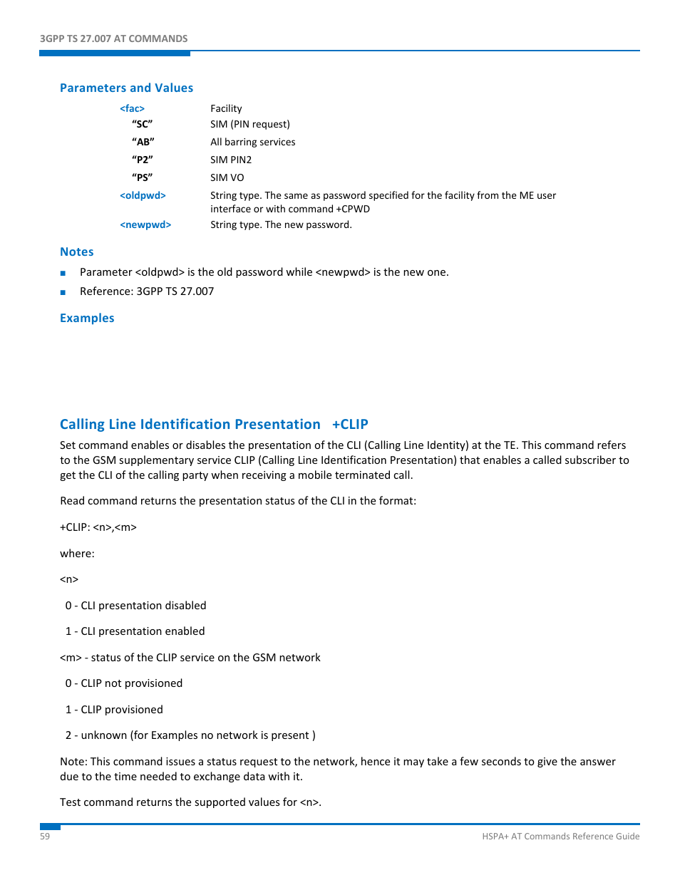 Parameters and values, Notes, Examples | Calling line identification presentation +clip | Synaccess Networks NP-0801DTM User Manual | Page 59 / 330