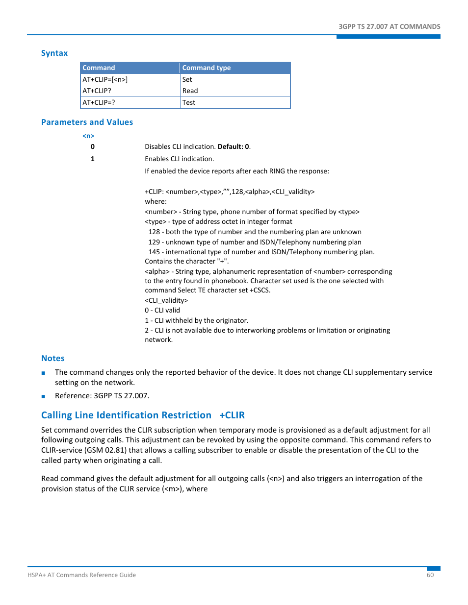 Syntax, Parameters and values, Notes | Calling line identification restriction +clir | Synaccess Networks NP-0801DTM User Manual | Page 60 / 330