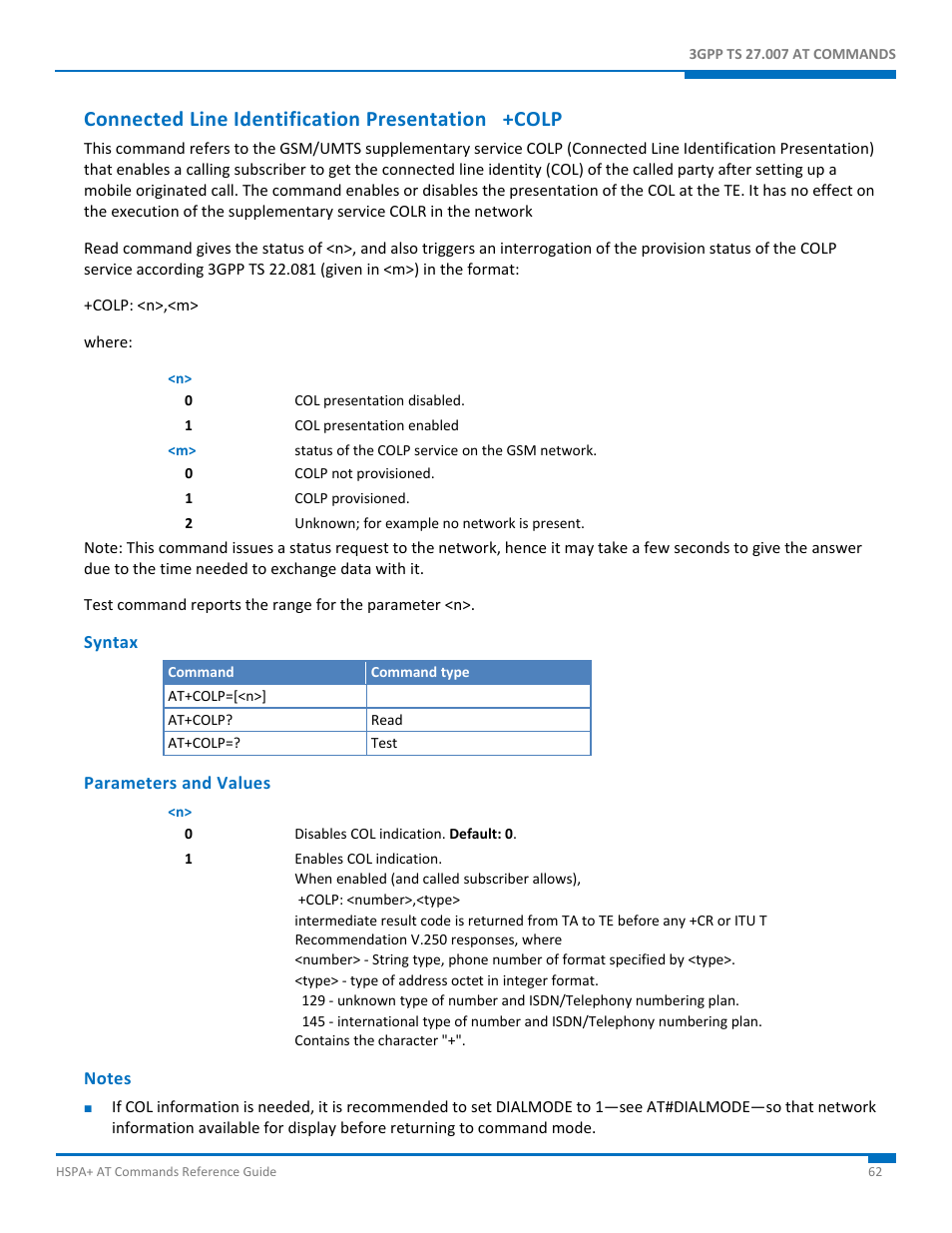 Connected line identification presentation +colp, Syntax, Parameters and values | Notes | Synaccess Networks NP-0801DTM User Manual | Page 62 / 330