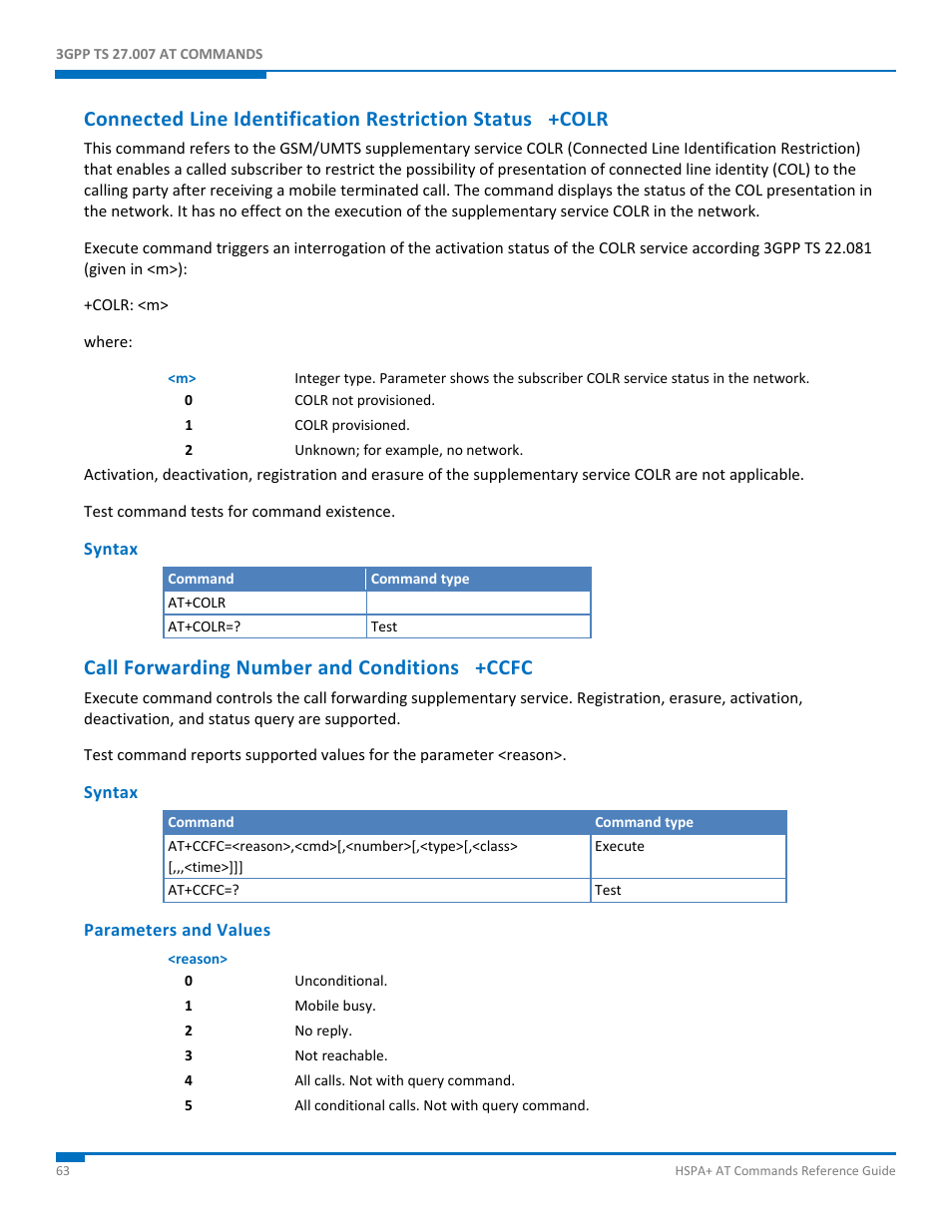 Syntax, Call forwarding number and conditions +ccfc, Parameters and values | Synaccess Networks NP-0801DTM User Manual | Page 63 / 330